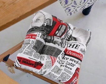 Square Seat Cushion, Newspaper Print, Stool Cushion, Cushion For Chair, Seat Pads, Chair Pads with Ties, Kitchen Cushion, Tufted Chair Pad