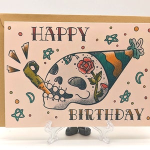 Cartão de aniversário de caveira de tatuagem - Cartão de aniversário vintage - Cartão de aniversário engraçado - Geração milenar X - Cartão de tatuagem - Cartão de felicitações