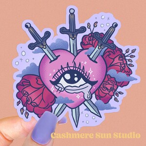 Large Three of Swords Tarot Card Sticker - Beautiful Witchy Sticker - Crying Heart - Sword in Heart -- Vinyl Sticker - Handmade
