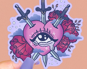 Large Three of Swords Tarot Card Sticker - Beautiful Witchy Sticker - Crying Heart - Sword in Heart -- Vinyl Sticker - Handmade