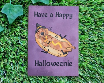 Have a Happy Halloweenie Card - Blank Handmade Halloween Card - Cute Dachshund Weiner Dog - Hot dog - Bats - Pumpkin - Cute Card