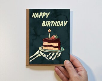 Happy Birthday Skeleton Cake Greeting Card - Hand Made - Climate Friendly Paper - Birthday Gift - Thank you Card - Compostable Packaging