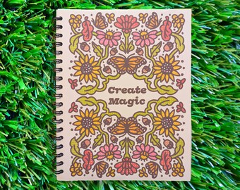 Create Magic Handmade Journal - Witchy Nature Inspired Notebook, 8x10 College-Ruled - 80 pages - Black Binding-Thick Semi-Gloss Paper Cover