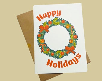 Happy Holidays Wreath Card - Handmade Card - Christmas Card - Made with Climate Friendly Paper