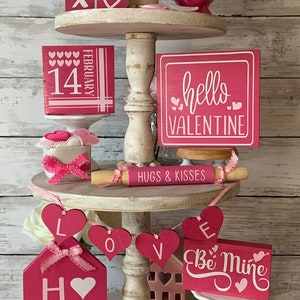 Valentines Day Tiered Tray Decor | Tiered Tray Bundle | Pink & White | Mini Sign set | Home Decor | XOXO  | Bead Garland | Mini Rolling Pin