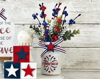 Patriotic tiered tray decor, fourth of july tray, patriotic florals, American flag decor, red white and blue, Americana decor, USA decor