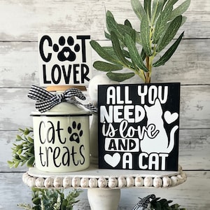 Cat tiered tray decor, cat home decor, cat love, cat treats canister, cat mom, farmhouse tiered tray decor, kitten decor, cat mini signs