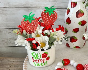strawberry tiered Tray decor, strawberry themed floral arrangement, Spring tiered tray decor, Summer tiered tray, strawberry home decor