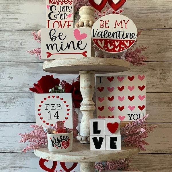 Valentines Day Tiered Tray Decor | Tiered Tray Bundle | Pink & White | Mini Sign set | Home Decor | XOXO  | Bead Garland | Mini Rolling Pin