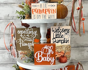 Baby tiered tray decor, baby shower tiered tray, a little pumpkin is on the way baby shower decor, fall baby shower decor, welcome pumpkin