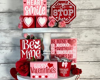 Valentines Day Tiered Tray Decor, Tiered Tray Bundle, Red & Pink Decor, Valentine Mini Signs, Valentine Home Decor, XOXO, Cupid Decor, Kiss