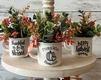 Mini mug for tiered tray, fall mini mug, fall tiered tray decor, fall home decor, orange fall mugs, tiered tray greenery, tiered tray decor