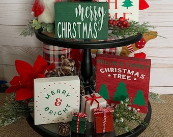 Christmas Tiered Tray Decor | Farmhouse Tiered Tray | Holiday Tiered Tray | Mini Sign | Merry Christmas | Classic Christmas | Home Decor
