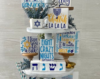 Hanukkah tiered tray decor, Hanukkah home decor, happy Hanukkah, Hanukkah wood signs, Hanukkah mini signs, holiday tray decor, jewish decor