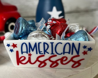 Patriotic tiered tiered tray decor, Patriotic home decor, July 4 decor, patriotic candy dish, American kisses, Americana decor, flag decor