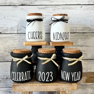 New Year tiered tray decor, New Years mini jars, New Years home decor, New Years eve party decor, Happy New Year, 2023, News Years Eve decor