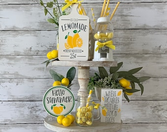 lemon tiered tray decor, summer tiered tray bundle, lemonade tiered tray, mini gumball machine, farmhouse tiered tray decor bundle, lemonade