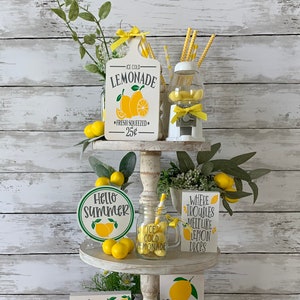 lemon tiered tray decor, summer tiered tray bundle, lemonade tiered tray, mini gumball machine, farmhouse tiered tray decor bundle, lemonade