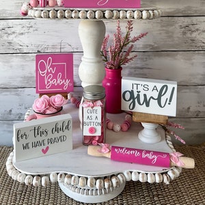 baby girl tiered tray decor, farmhouse tiered tray decor, tiered tray decor bundle, baby shower decor, mini gumball machine, it's a girl