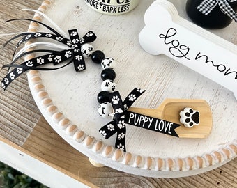 Dog tiered tray decor, wood bead canister scoop, dog themed mini wood scoop, dog home decor, dog mom, dog gift, dog paw print garland