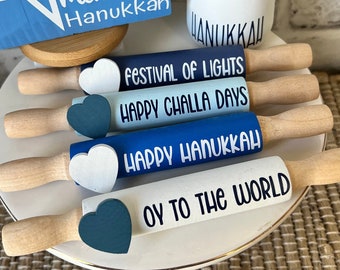 Hanukkah tiered tray decor, Hanukkah home decor, happy Hanukkah, Hanukkah mini rolling pins, Hanukkah mini signs, jewish decor, judaica