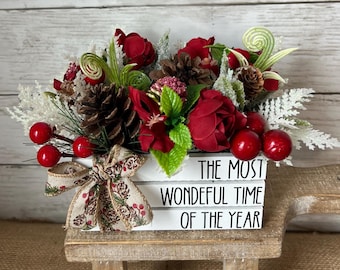 Christmas tiered Tray Decor, mini floral arrangement, mini crate for tiered tray, Christmas tiered tray flowers, winter tiered tray decor