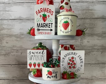 strawberry tiered tray decor, summer tiered tray bundle, strawberry tiered tray, summer home door,  farmhouse tiered tray decor bundle,