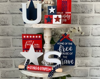 Patriotic Tiered Tray Decor Bundle, Fourth of July Tiered Tray Decor, Patriotic home decor, Red White Blue Tray Decor, mini signs, America,