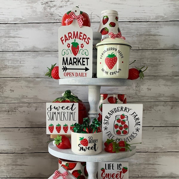 strawberry tiered tray decor, summer tiered tray bundle, strawberry tiered tray, summer home door,  farmhouse tiered tray decor bundle,