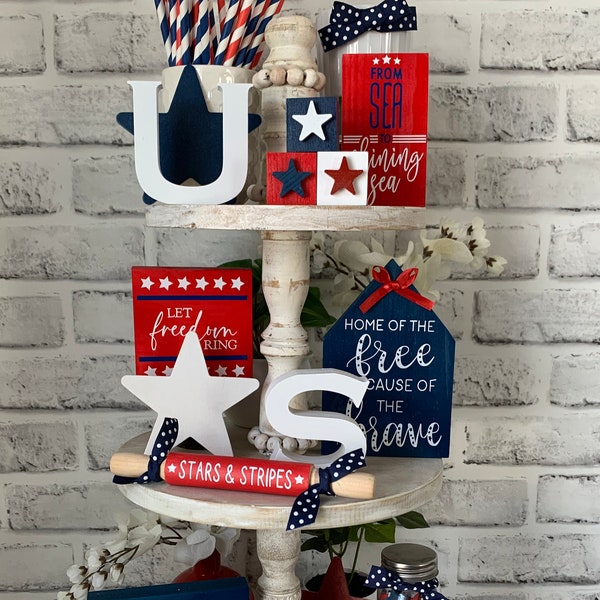 Patriotic Tiered Tray Decor Bundle, Fourth of July Tiered Tray Decor, Patriotic home decor, Red White Blue Tray Decor, mini signs, America,