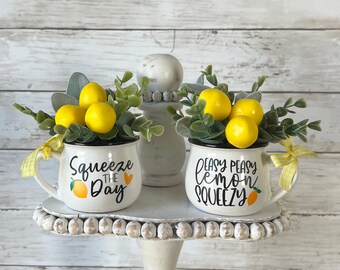 Tiered tray mini mugs, lemon tiered tray decor, lemonade tiered tray, lemon home decor, summer tiered tray, lemon mini florals, lemon mugs