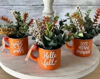 Mini mug for tiered tray, fall mini mug, fall tiered tray decor, fall home decor, orange fall mugs, tiered tray greenery, tiered tray decor