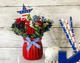 Patriotic tiered tray decor, fourth of july tray, patriotic florals, American flag decor, red white and blue, Americana decor, USA decor