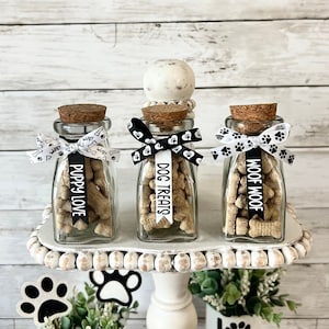 dog tiered tray decor, dog home decor, tiered tray decor, dog themed mini jars, dog treat mini jar, dog home decor, dog mini home decor