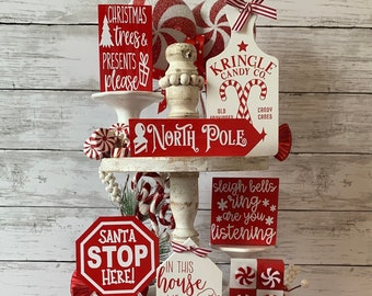 Christmas tiered tray decor bundle, Holiday tiered tray, Christmas tiered tray signs, candy cane decor, Santa stop here sign,North Pole Sign