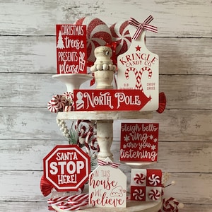 Christmas tiered tray decor bundle, Holiday tiered tray, Christmas tiered tray signs, candy cane decor, Santa stop here sign,North Pole Sign