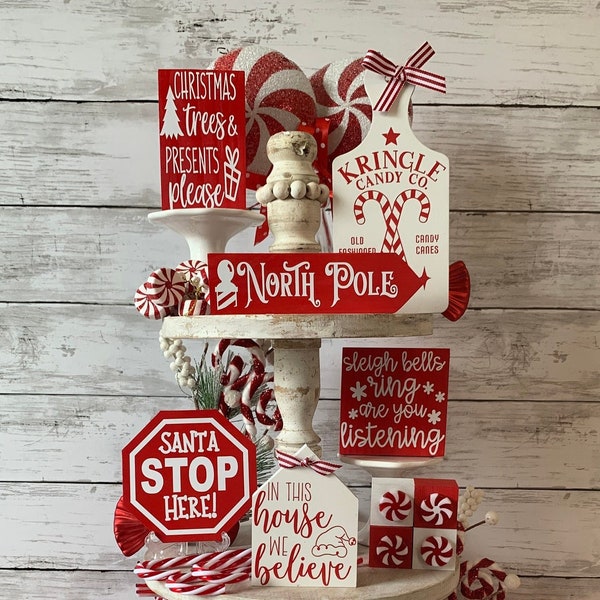 Christmas tiered tray decor bundle, Holiday tiered tray, Christmas tiered tray signs, candy cane decor, Santa stop here sign,North Pole Sign