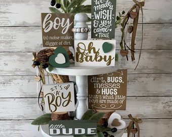 baby boy tiered tray decor, baby boy nursery decor, tiered tray decor bundle, baby shower decor, woodland baby shower, it's a boy
