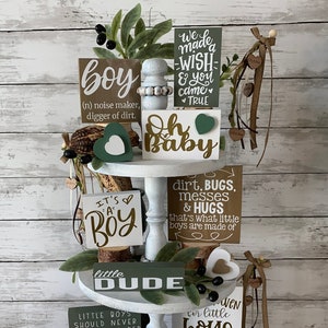 baby boy tiered tray decor, baby boy nursery decor, tiered tray decor bundle, baby shower decor, woodland baby shower, it&#39;s a boy
