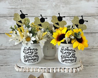 Bee Tiered Tray Decor, Honeybee decor, mini florals , summer tiered tray, summer decor, Bee home decor, sunflowers, daisies, spring decor
