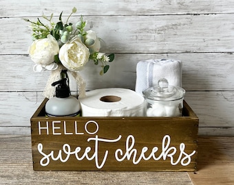 toilet tank box, toilet tank caddy, yellow sweet cheeks wood toilet tank box, toilet paper holder, bathroom decor, farmhouse bathroom decor