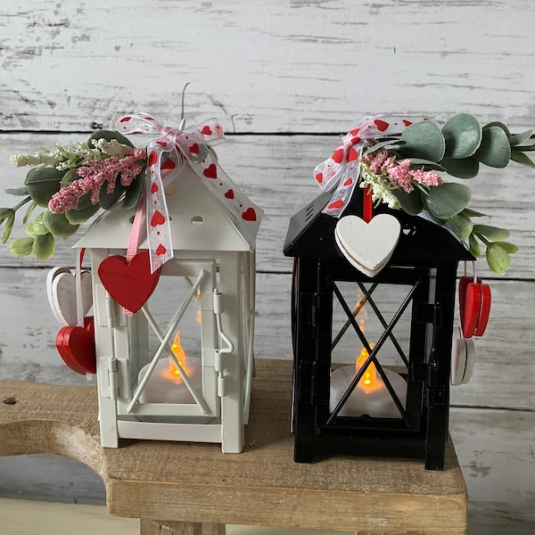 mini lantern for tiered tray, Valentines Day tiered tray decor, lantern with hearts, farmhouse tiered tray decor, Valenintes Day home decor