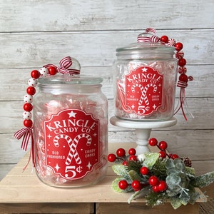 Glass Christmas cookie jar with lid and wood bead garland, Christmas candy jar, Glass cookie jar, Christmas kitchen decor, candy cane decor