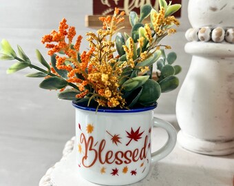 Mini mug for tiered tray, fall mini mug, fall tiered tray decor, fall home decor, orange fall mugs, tiered tray greenery, tiered tray decor