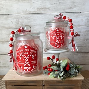 Personalized Glass Christmas cookie jar w/ lid & wood bead garland, Christmas candy jar, Glass cookie jar, Christmas decor, candy cane decor