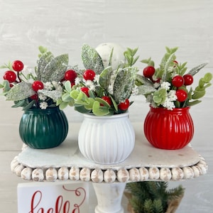 May include: Three small potted Christmas greenery arrangements with red berries and faux snow. The pots are green, white, and red. The arrangements are on a white tiered stand with two signs. The top sign says "hello christmas" in red and green lettering. The bottom sign says "santa mistletoe hot cocoa snow stockings caroling candy canes" in red and green lettering.