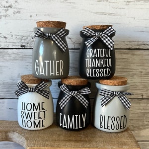 farmhouse tiered tray decor, mini jar for tiered tray, black and white decor, buffalo plaid decor, home sweet home, gather, blessed, faith