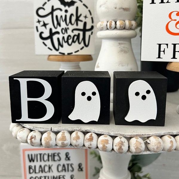 Décor de plateau à plusieurs niveaux d'Halloween, blocs de plateau à plusieurs niveaux d'halloween, ensemble de 3 blocs de boo d'halloween, décor de fantôme, décor à la maison d'halloween, signe d'halloween