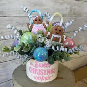 Christmas tiered Tray floral arrangement, Pink Gingerbread tiered tray decor, pastel Gingerbread christmas decor, candy land Christmas decor