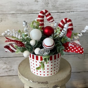 Christmas tiered Tray floral arrangement, Candy cane christmas tiered tray decor, Red and white christmas decor, candy cane lane christmas